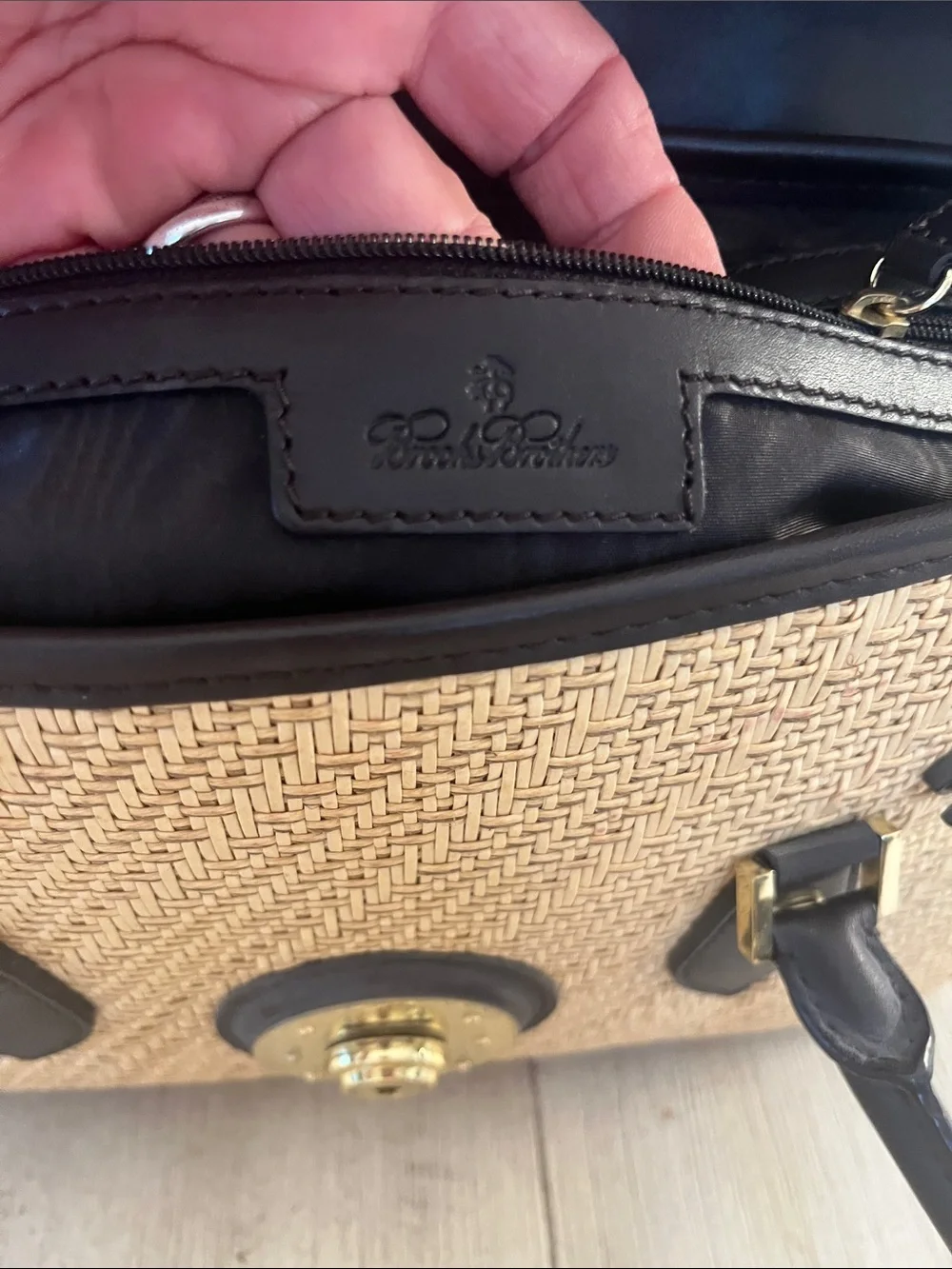 Brooks Brothers Beige Woven Satchel with Dark Brown Trim